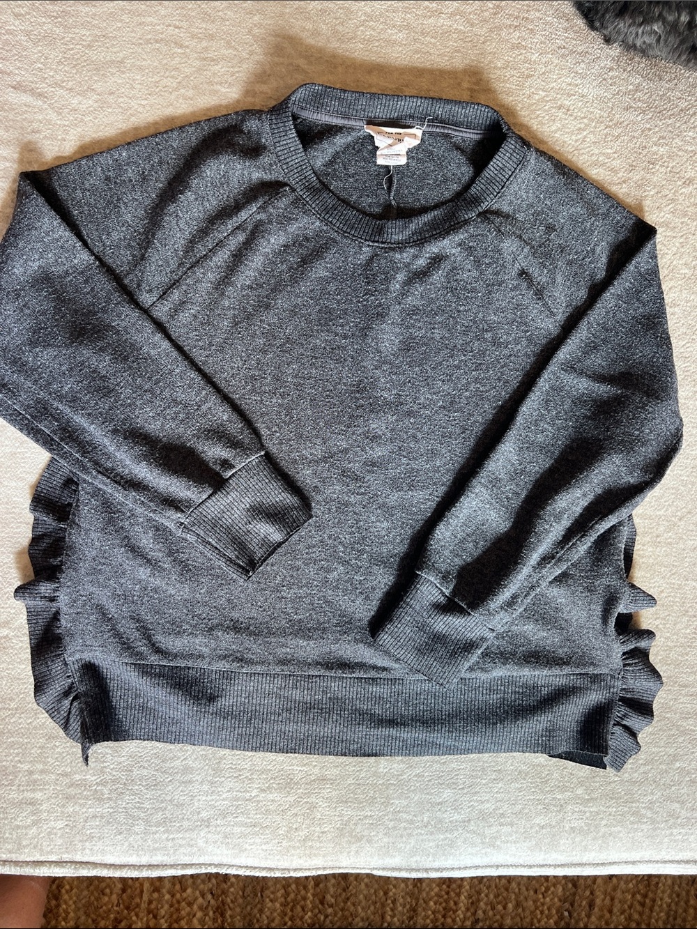 For The Republic Charcoal Gray Crewneck Sweater with Side Ruffles